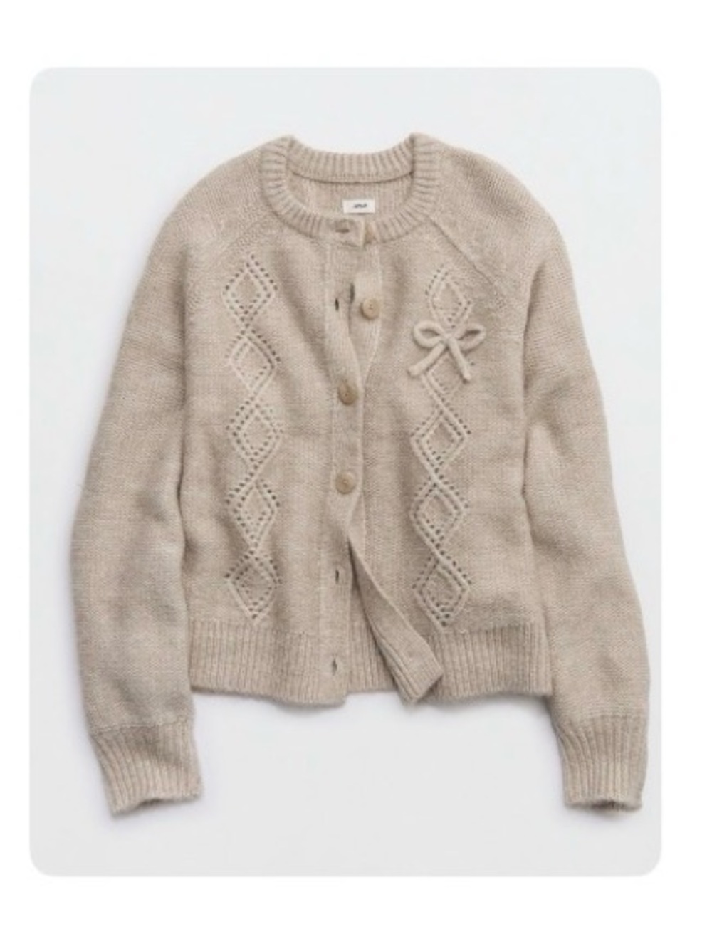 aerie Beige Knit Button-Up Cardigan with Bow Accent